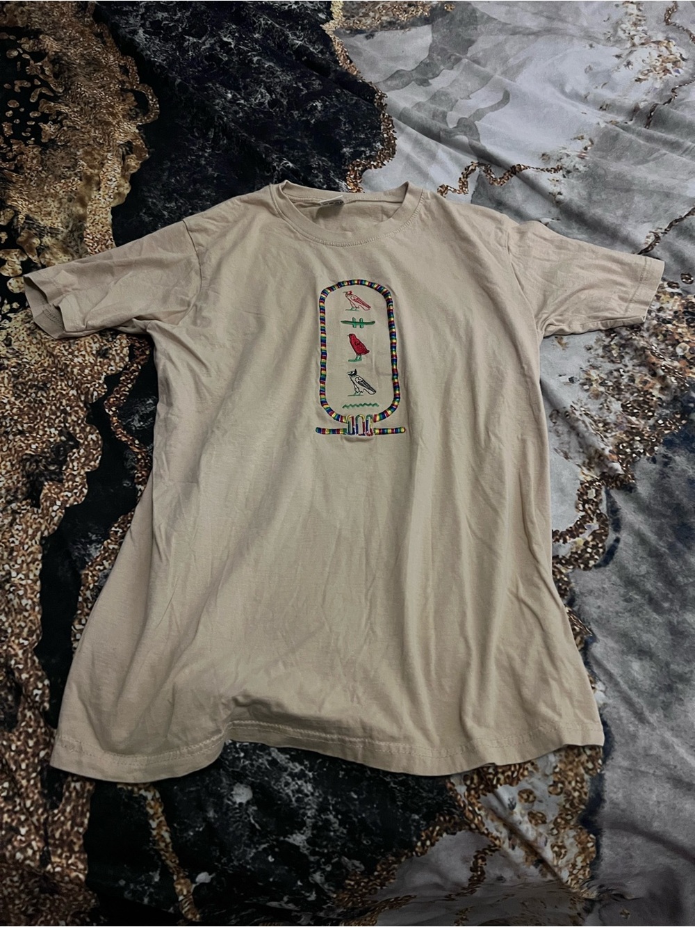 Vintage Beige Graphic Tee with Colorful Egyptian Motif